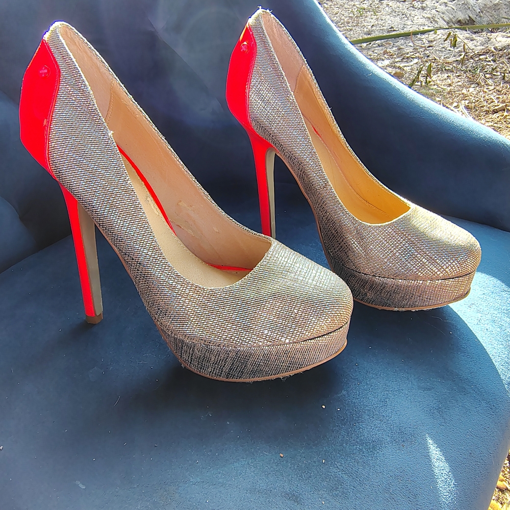 Colin Stuart Silver and Red Platform Heels